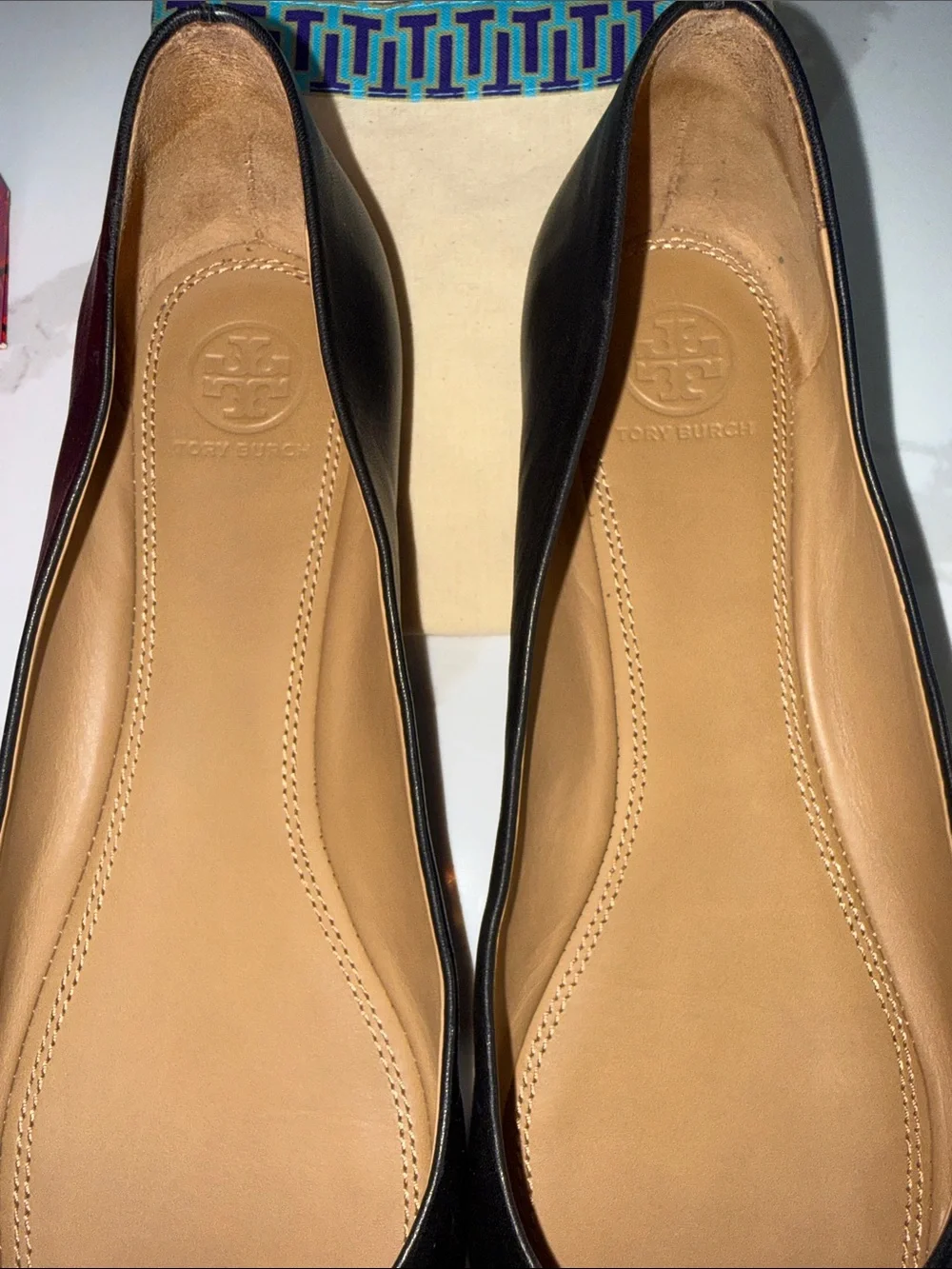 Tory Burch Black Patent Leather Flats with Gold Logo Medallions